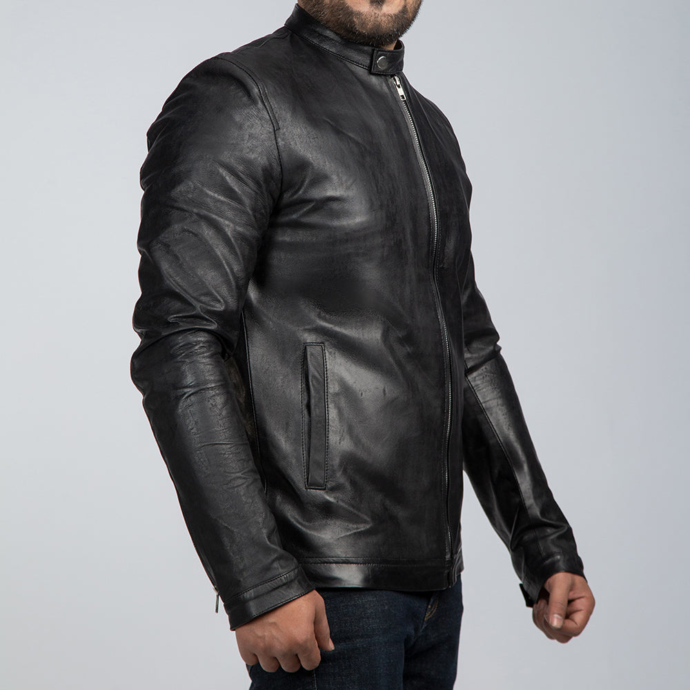 Casual Black Mens Leather Jacket Side Pose