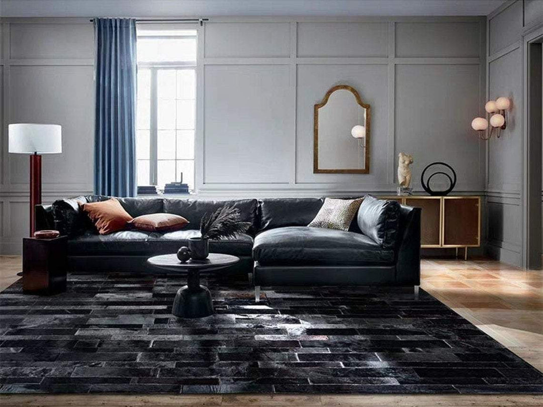 Black Stripe Blocks Handmade Patchwork Cowhide Rug