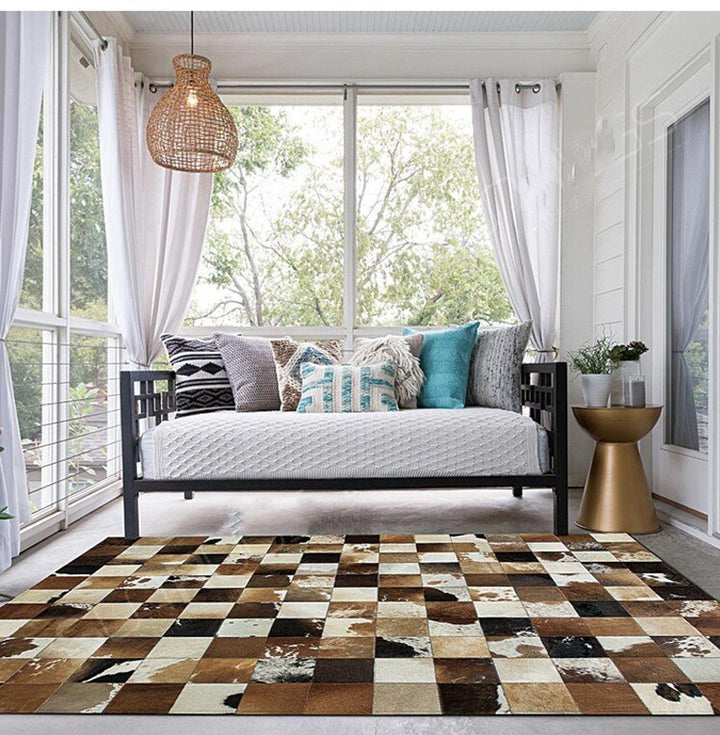 Brown And White Patchwork Cowhide Checkered Rug