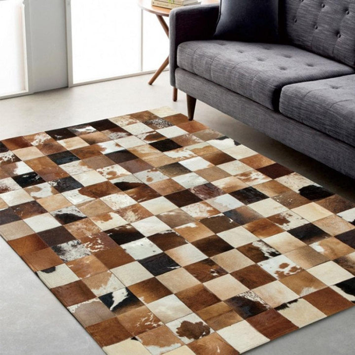 Brown And White Patchwork Cowhide Checkered Rug