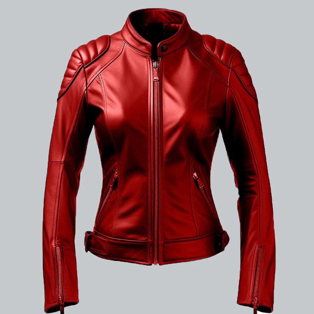 Red Biker Jacket For Women Front