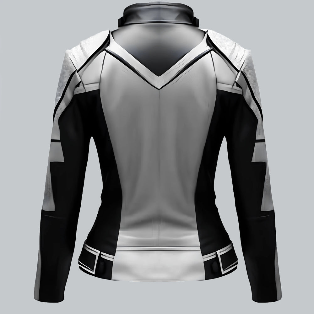 White And Black Faux Biker Leather Jacket Back