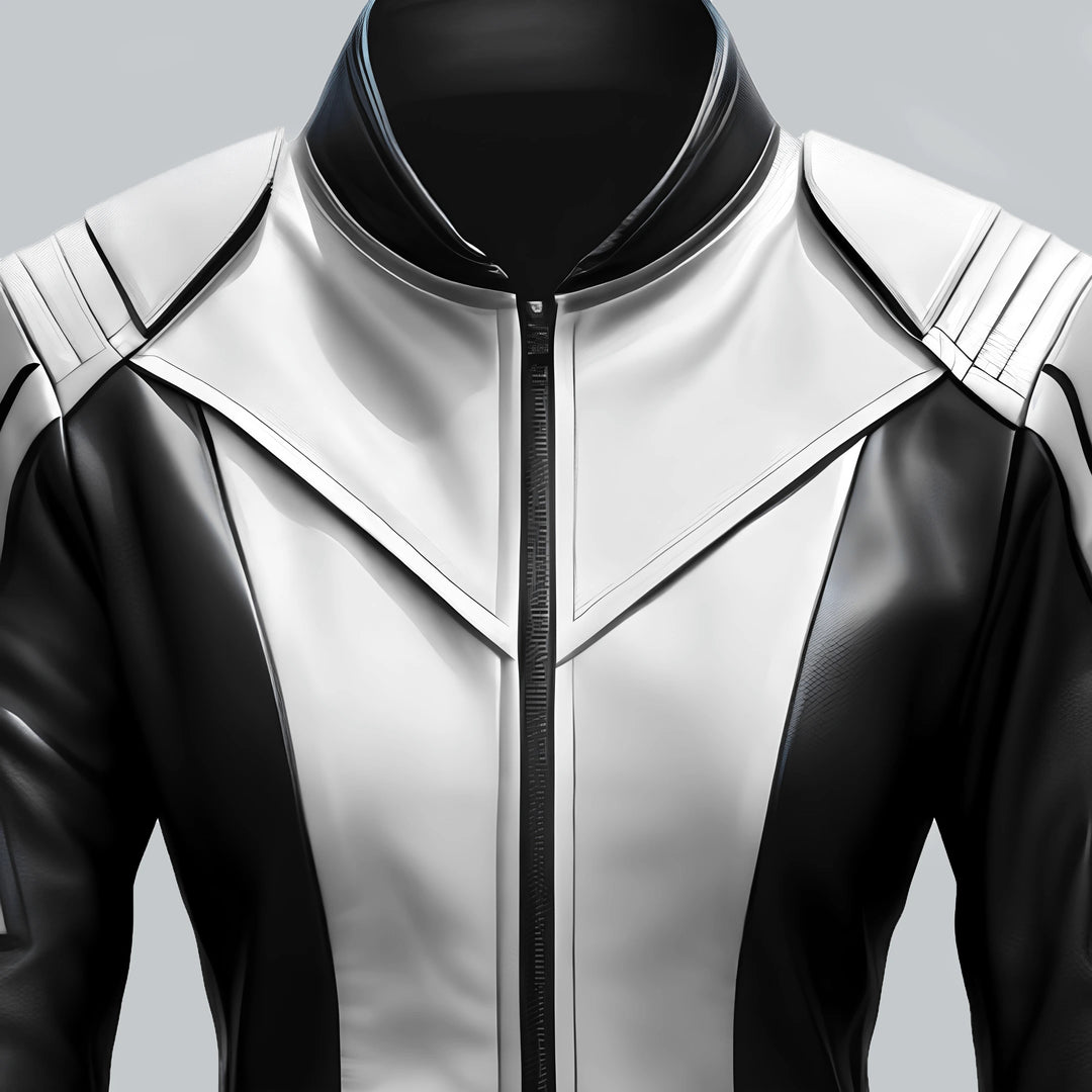 White And Black Faux Biker Leather Jacket Close