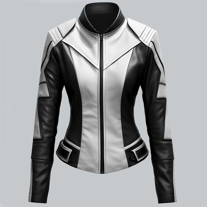 White And Black Faux Biker Leather Jacket