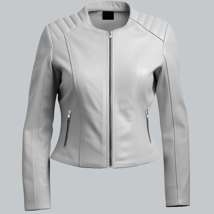 White Faux Leather Biker Jacket For Women Front