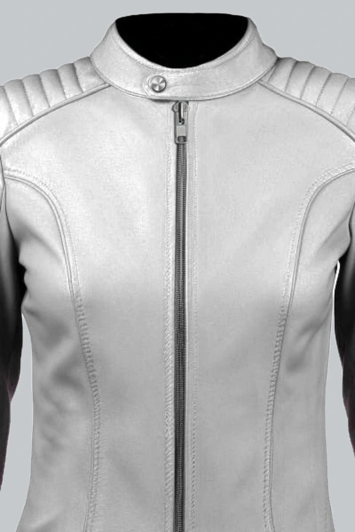 Women White Sheepskin Leather Jacket Close