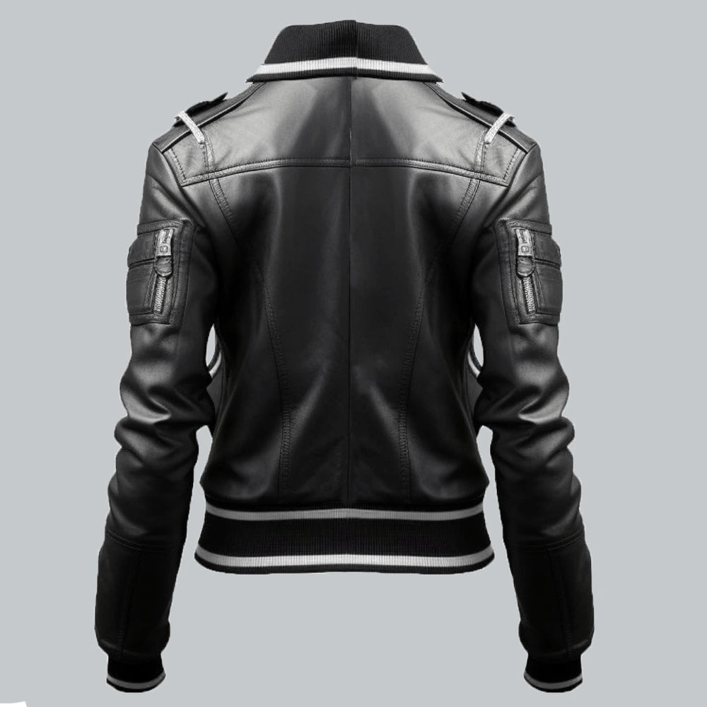 Women White Stripes Bomber Leather Jacket Back