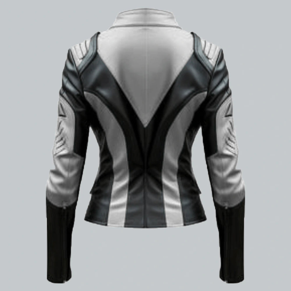 Womens White And Black Faux Leather Jacket Back