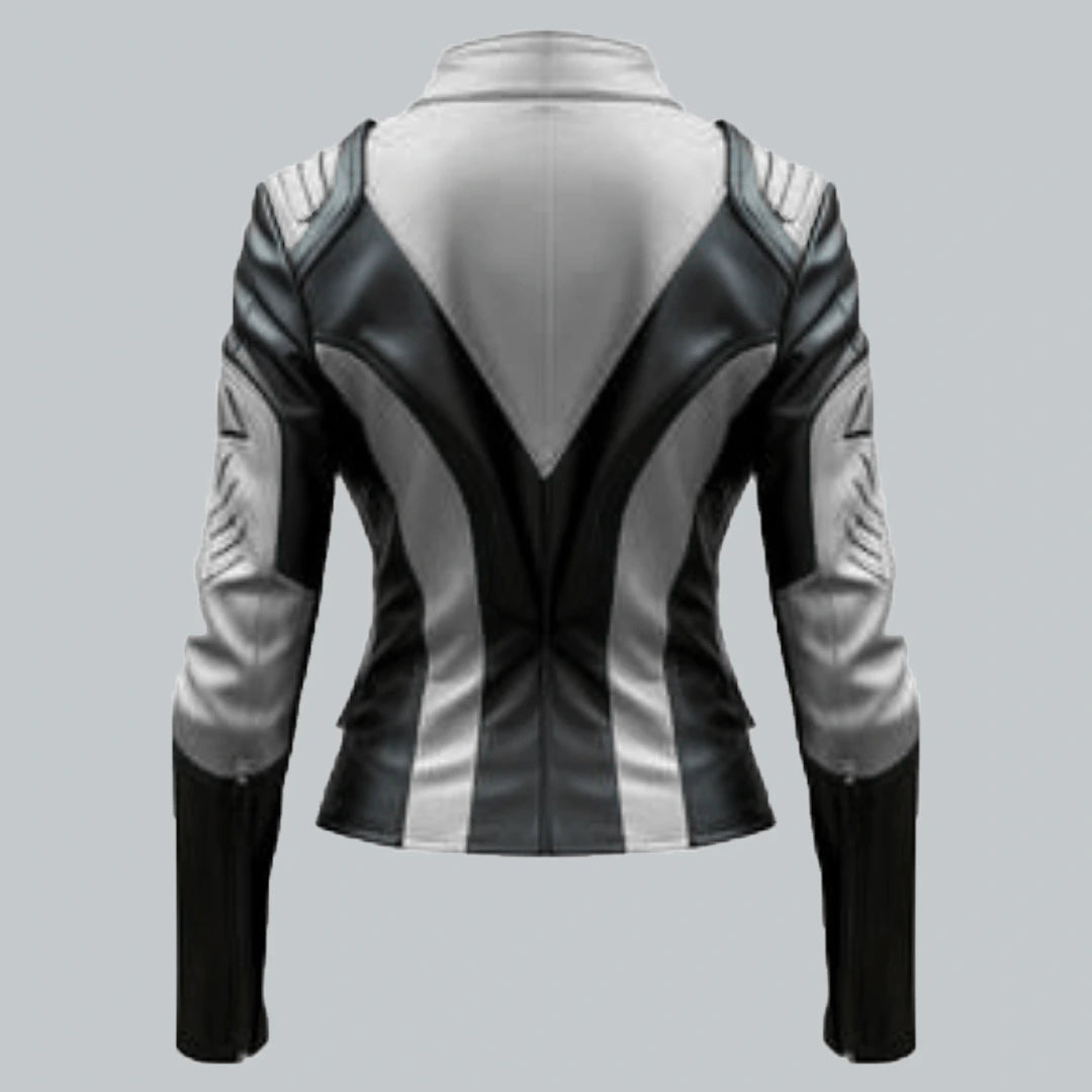 Womens White And Black Faux Leather Jacket Back