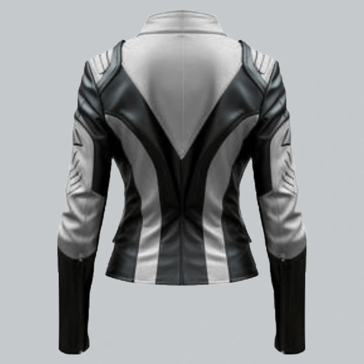 Womens White And Black Faux Leather Jacket Back