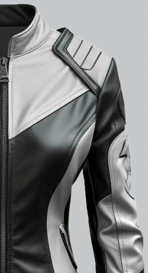 Womens White And Black Faux Leather Jacket Close Side