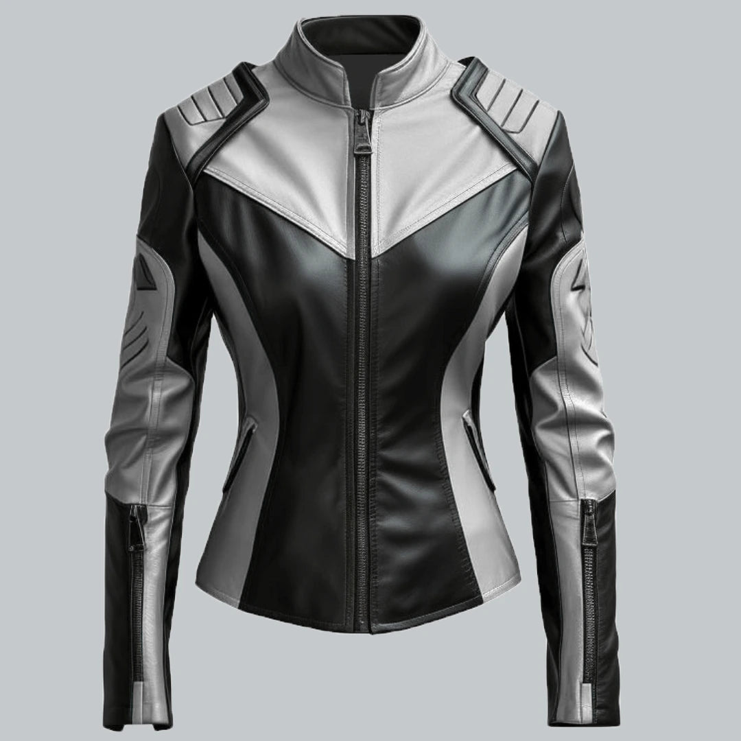 Womens White And Black Faux Leather Jacket Front