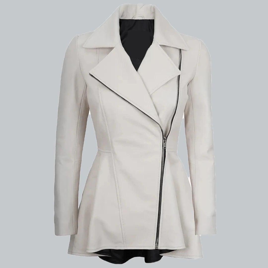 Womens White Leather Peplum Jacket Front