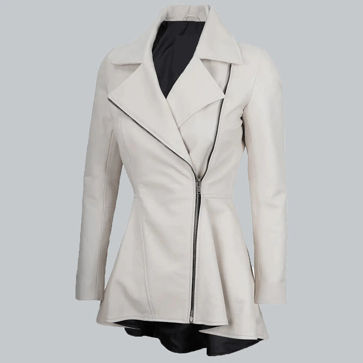 Womens White Leather Peplum Jacket Left Side