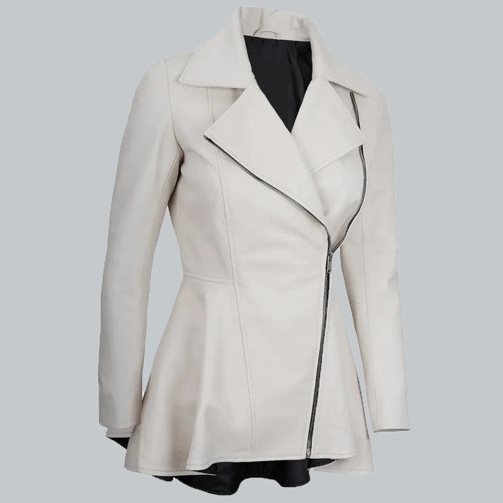 Womens White Leather Peplum Jacket Right Side