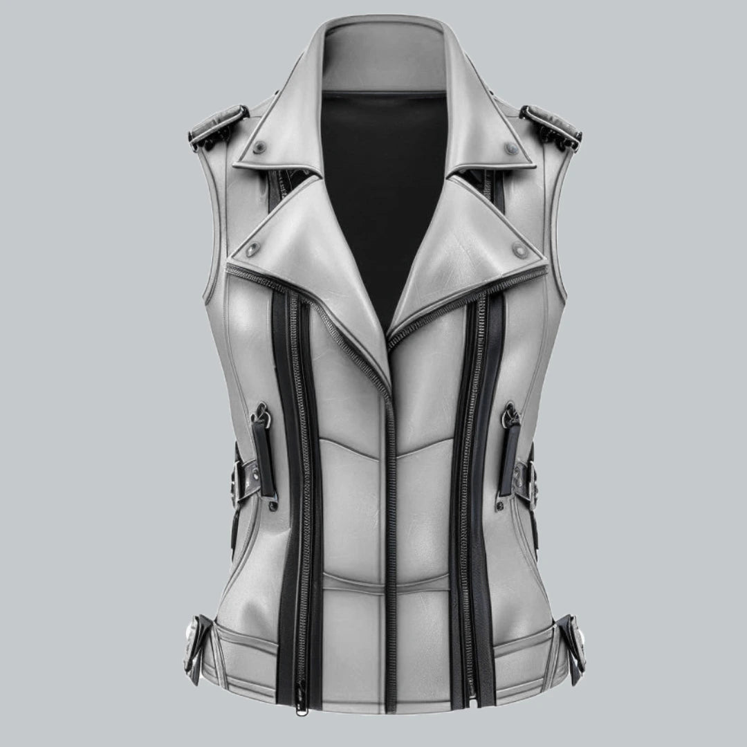 Womens White Leather Vest Front