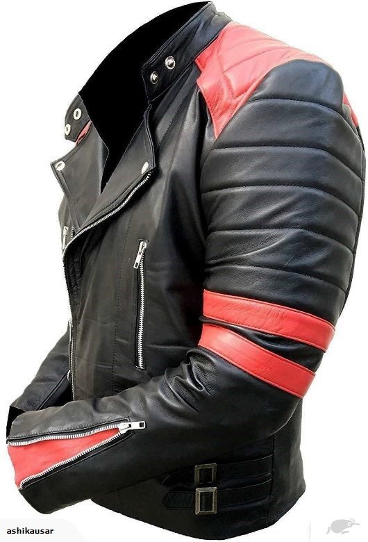 Classic Vintage Motorcycle Red Strip Black Leather Jacket