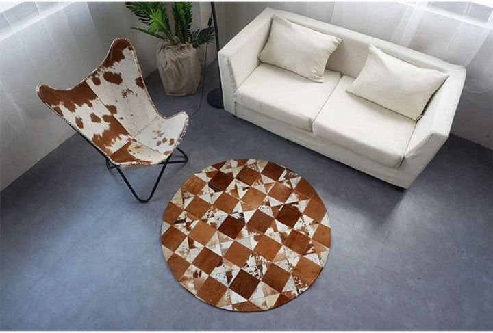 Light Brown Squares Cowhide Patchwork Round Rug