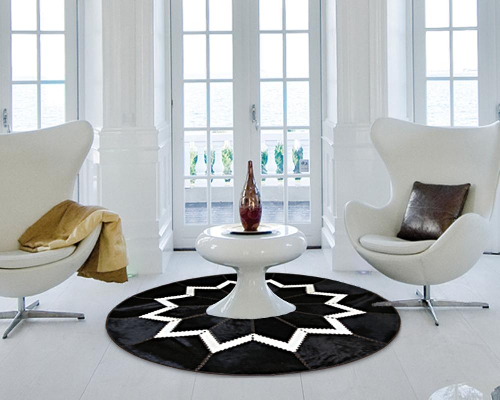 Dark Black Flower Cowhide Patchwork Round Rug