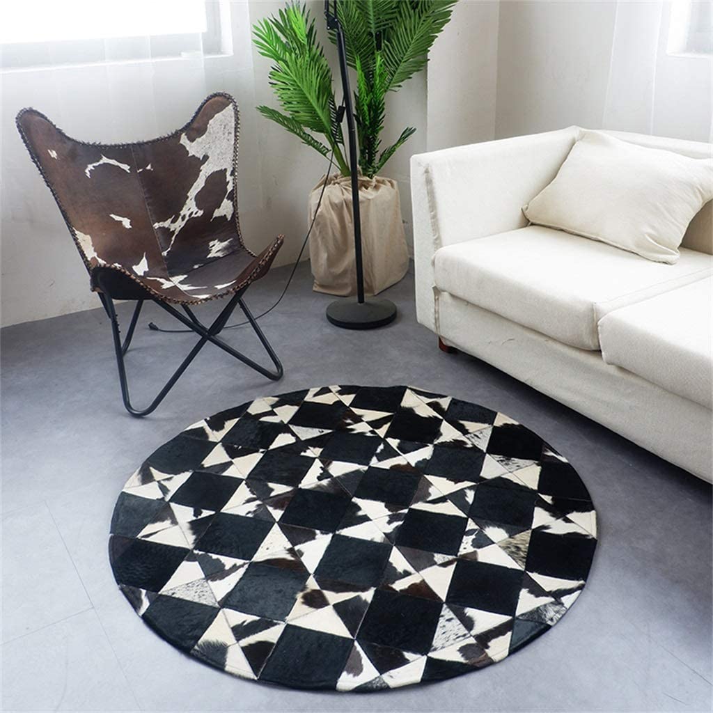 White & Black Squares Cowhide Patchwork Round Rug