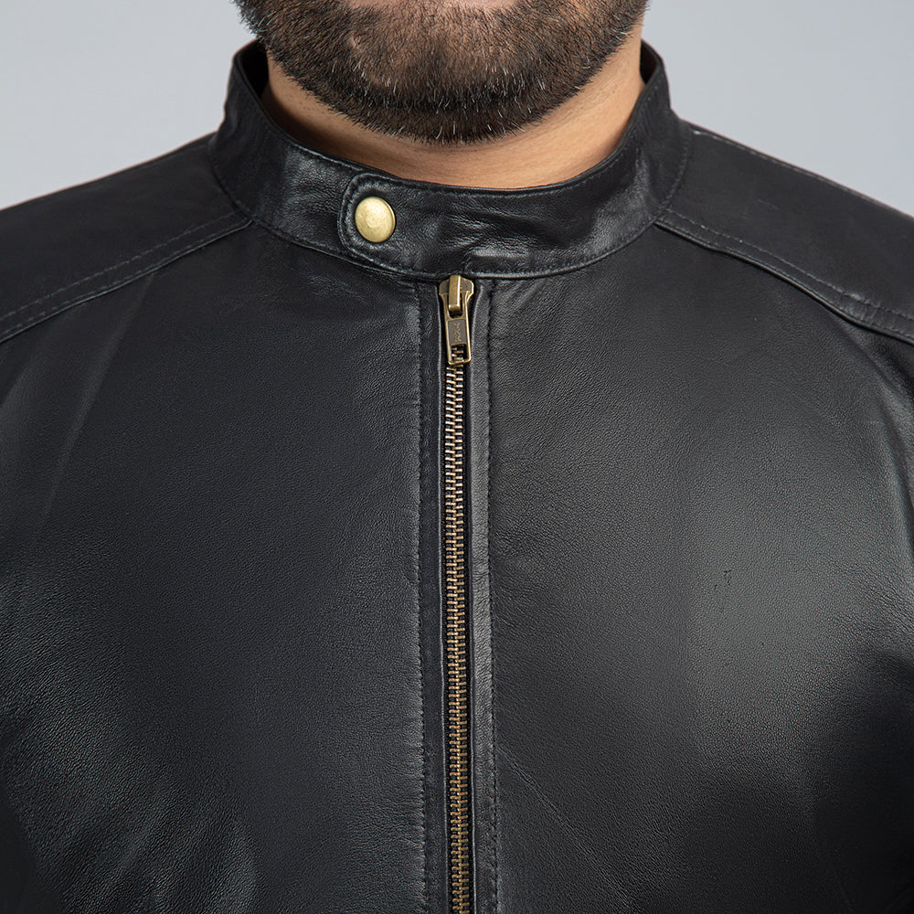 Adam Black Leather Jacket Close