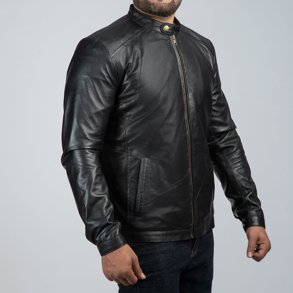 Adam Black Leather Jacket Side Pose