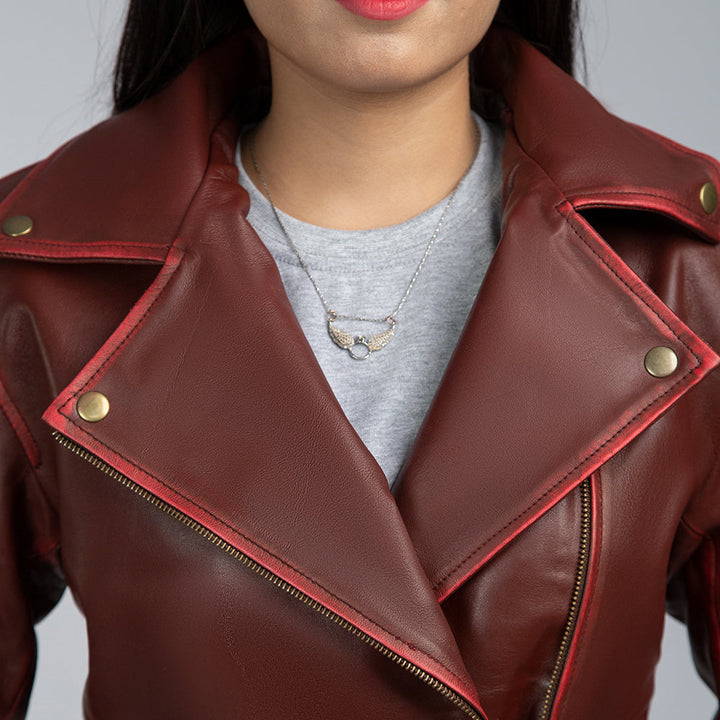 Angel Maroon Leather Biker Jacket Open