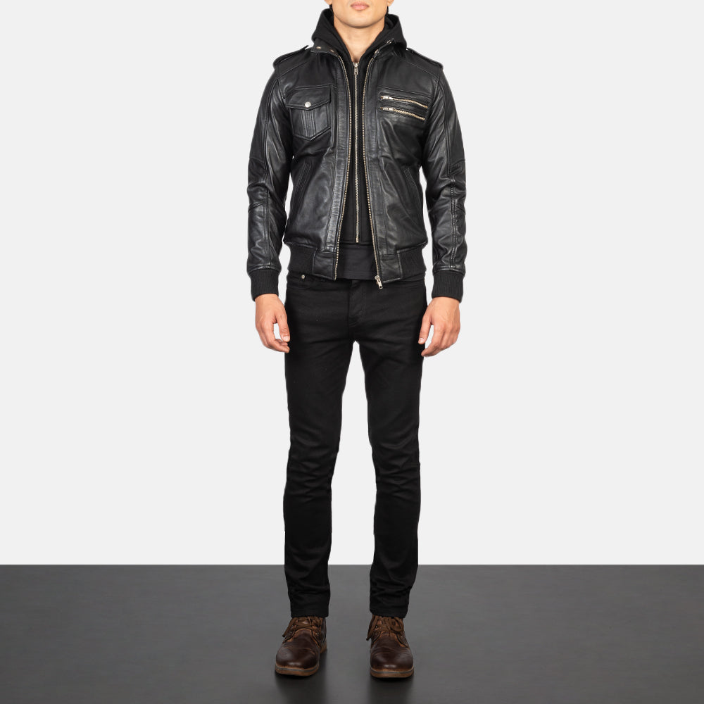 Black Hooded Bomber Leather Jacket