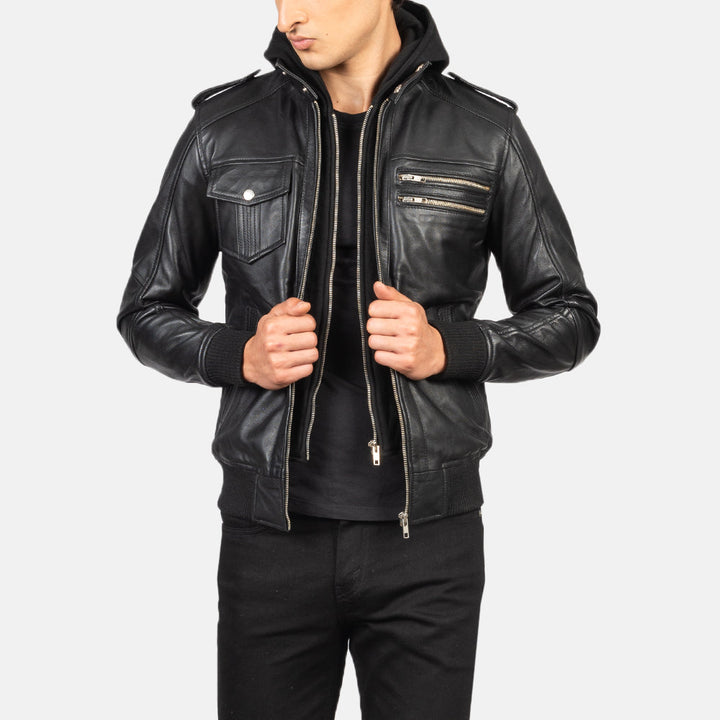 Black Hooded Bomber Leather Jacket