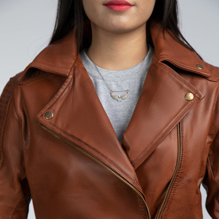 Brenda Brown Leather Biker Jacket Open Collar