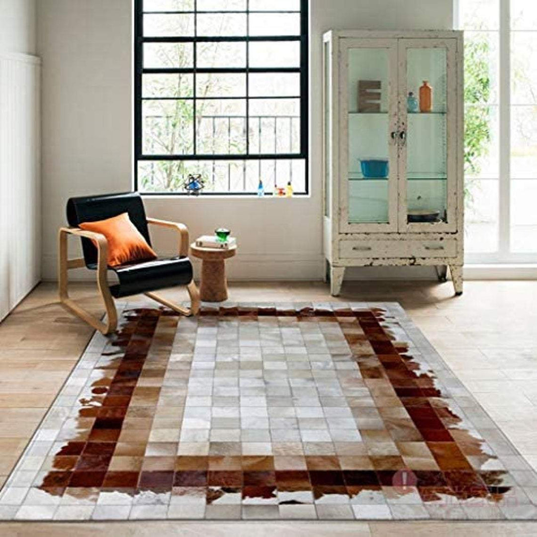Brown & Grey Square Blocks Handmade Patchwork Cowhide Rug