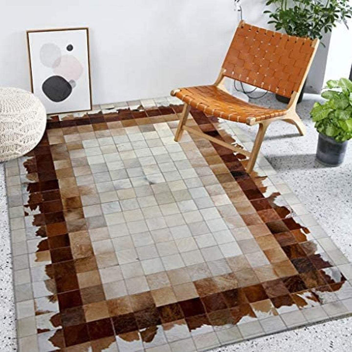Brown & Grey Square Blocks Handmade Patchwork Cowhide Rug