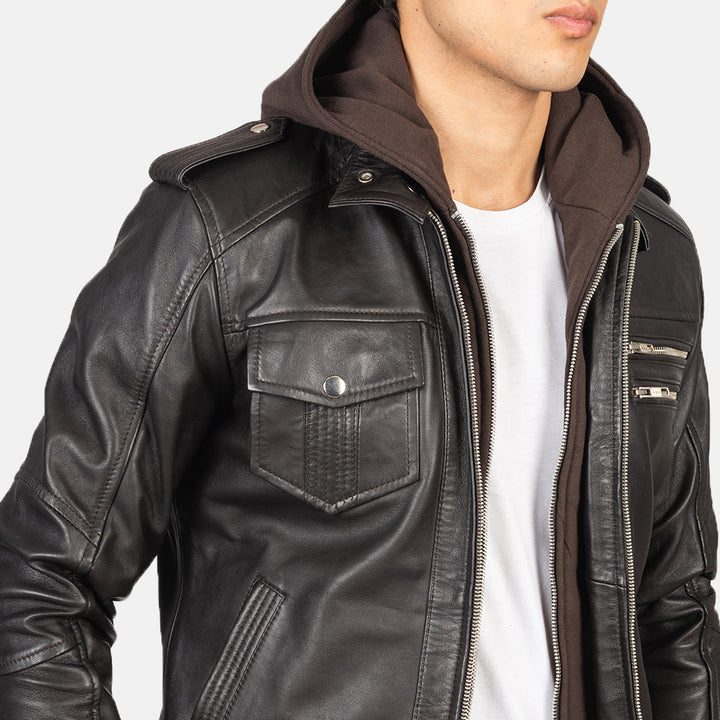 Brown Hooded Bomber Leather Jacket
