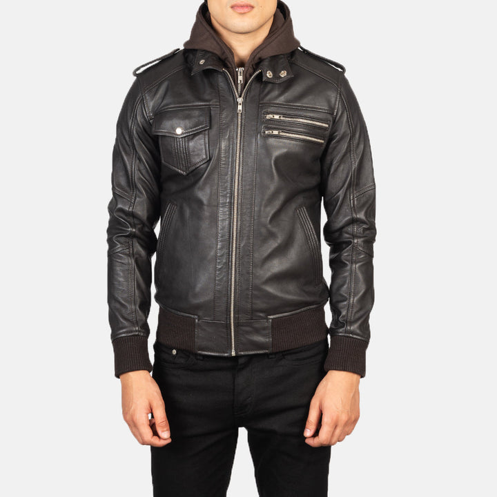 Brown Hooded Bomber Leather Jacket