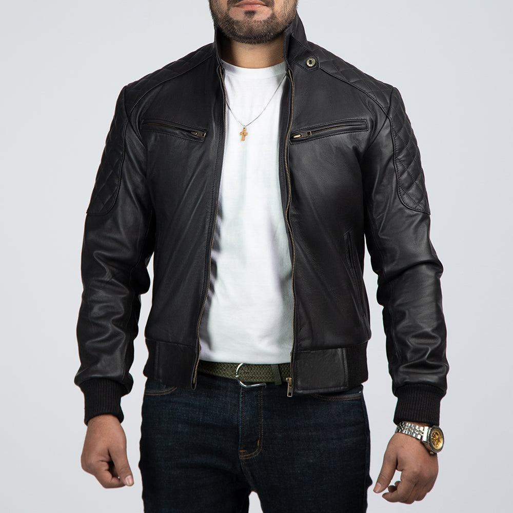 Casual Black Leather Bomber Jacket Front Open