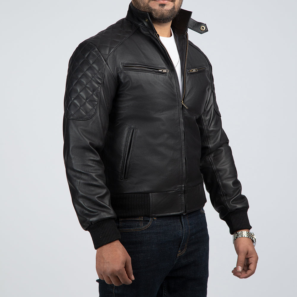 Casual Black Leather Bomber Jacket Side