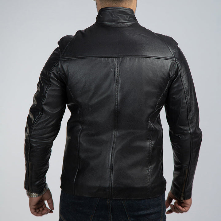 Casual Black Leather Jacket Back