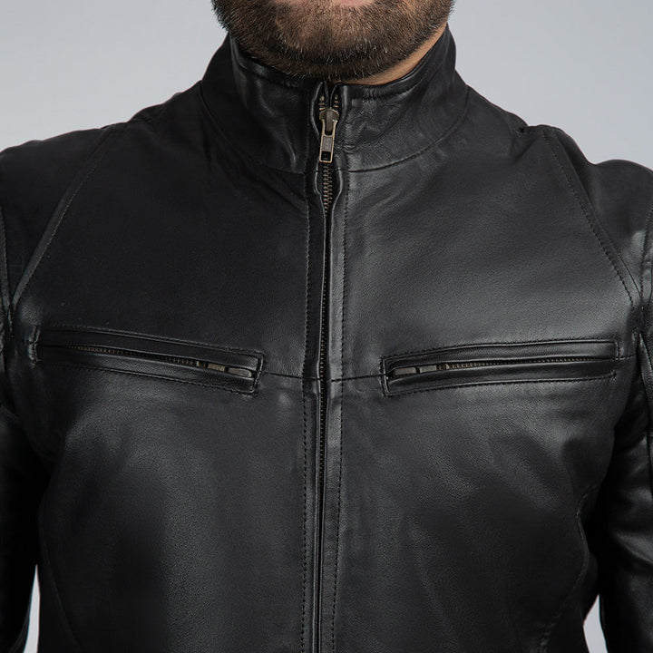 Casual Black Leather Jacket Close