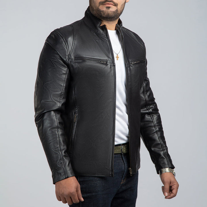 Casual Black Leather Jacket Open Side Pose