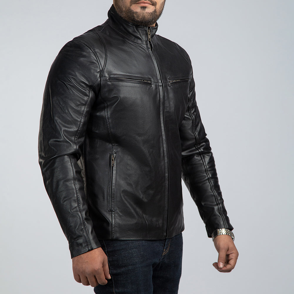 Casual Black Leather Jacket Side Pose
