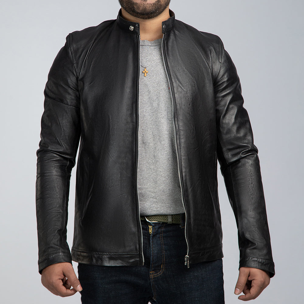Casual Black Mens Leather Jacket Front Open