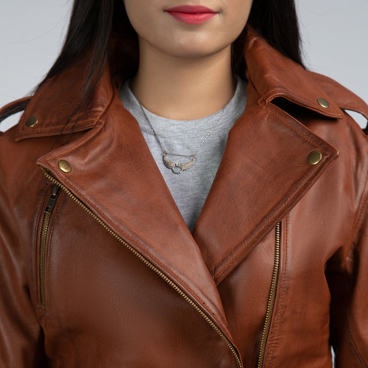 Casual Brown Womens Leather Jacket Close