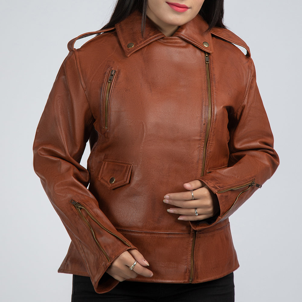 Casual Brown Womens Leather Jacket Front Close