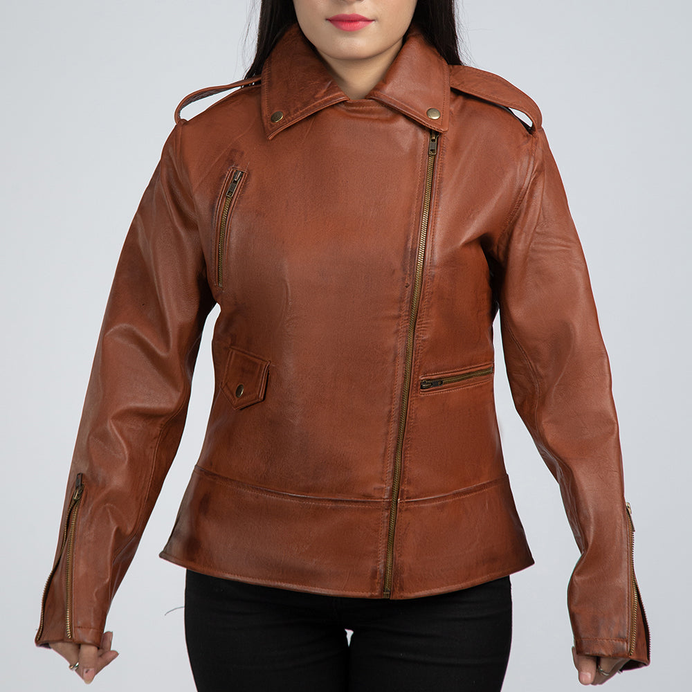 Casual Brown Womens Leather Jacket Front Close