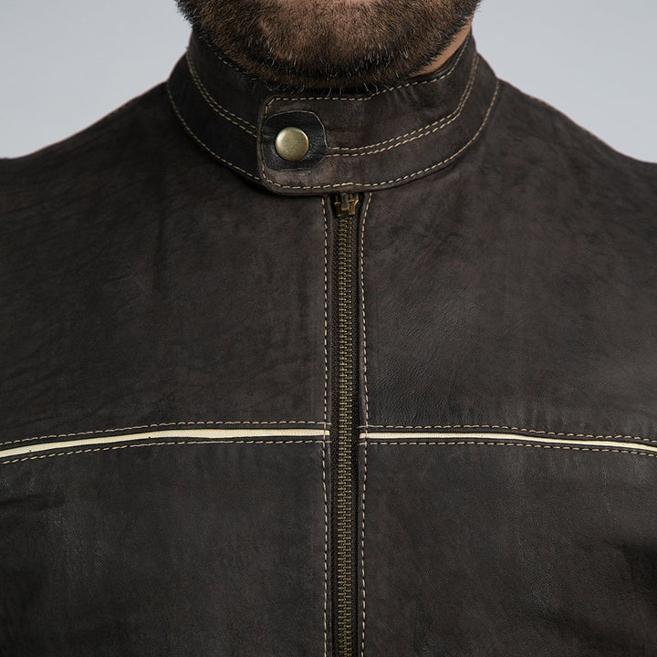 Dark Brown Suede Biker Jacket Close Collar