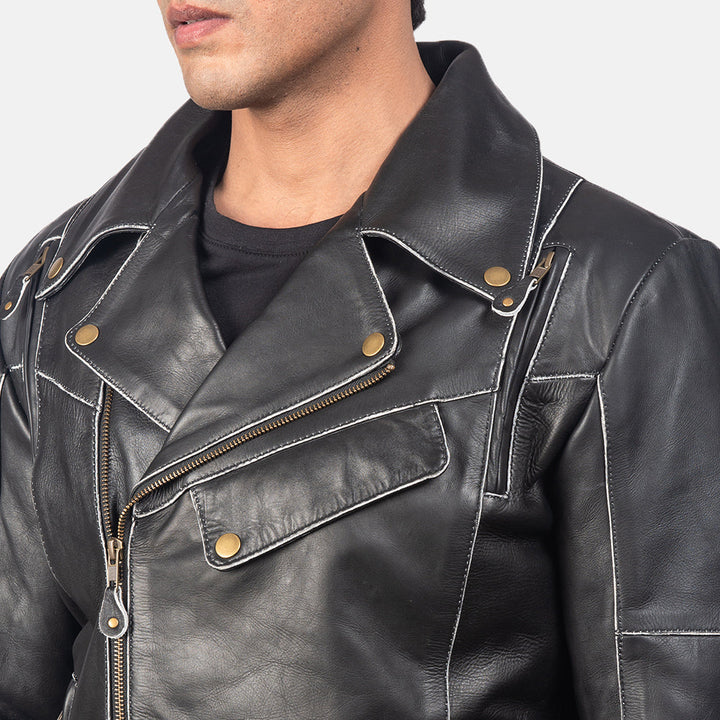 Distressed Black Leather Biker Jacket