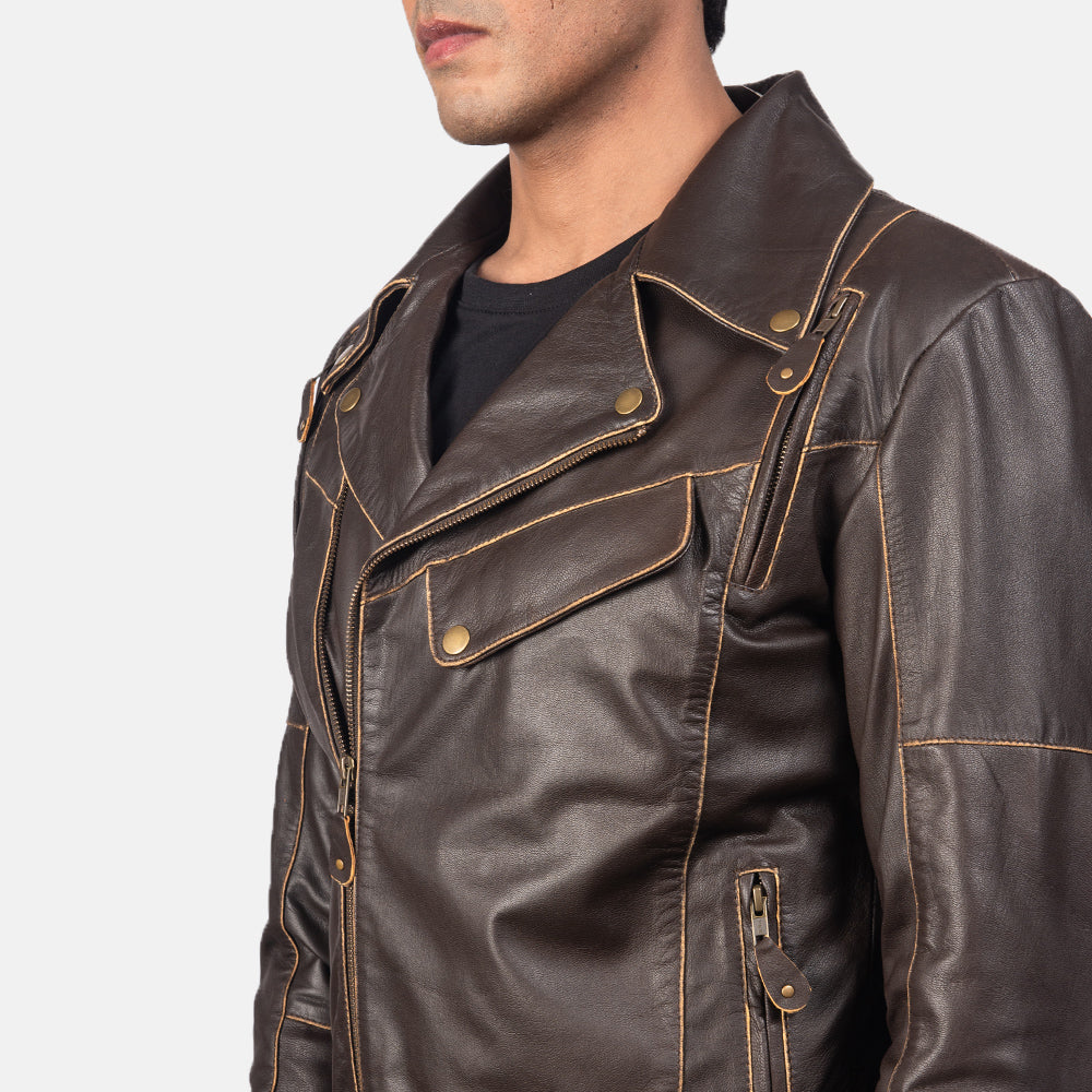 Distressed Brown Leather Biker Jacket