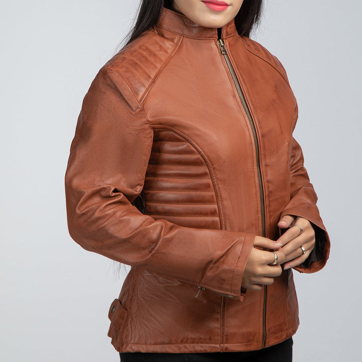 Fearless Brown Leather Biker Jacket Side Pose