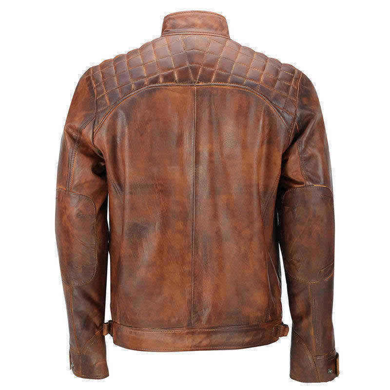 Quilted Distressed Brown Vintage Motorcycle Leather Jacket
