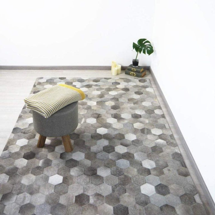 Hexagon Blocks Handmade Patchwork Cowhide Rug